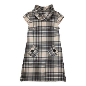 Dressbarn Beige Gray Plaid A-Line Dress Cowl Neck Short Cap Sleeve Pockets 8